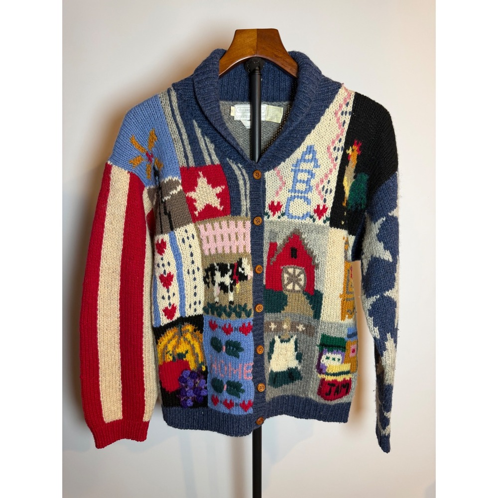 Vintage 1989 The Eagle's Eye Wool Patchwork Cardigan Americana Farm Cow Small